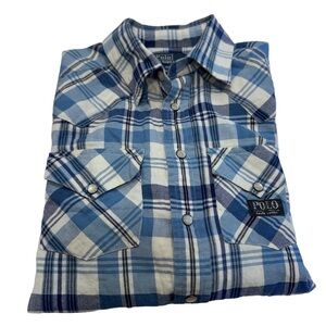 Polo Ralph Lauren VTG Boys Size 8 White/Blue Plaid Pearl Snap Button Long Sleeve